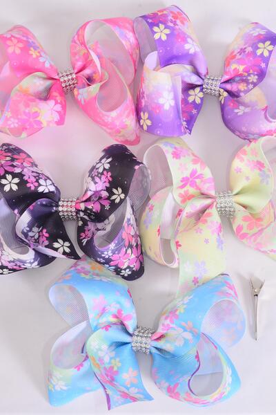 Hair Bow Jumbo Flower Cherry Blossom Grosgrain Bow-tie / 12 pcs Bow = Dozen Alligator Clip , Size - 6" x 5" Wide , 3 Black , 3 Lavender , 2 Pink , 2 Blue , 2 Lime Color Asst , Clip Strip and UPC Code