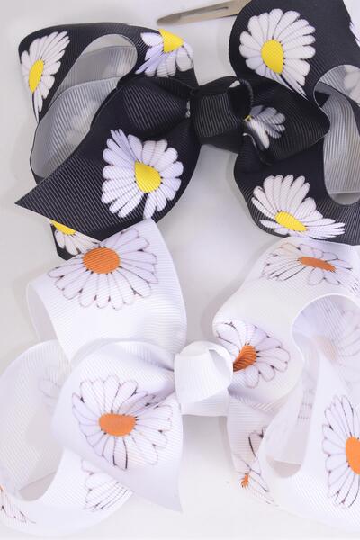 Hair Bow Jumbo Flower Daisy Black White Color Mix Grosgrain Bow-tie / 12 pcs Bow = Dozen Alligator Clip , Size - 6" x 5" Wide , 6 Black , 6 White Color Asst , Clip Strip and UPC Code