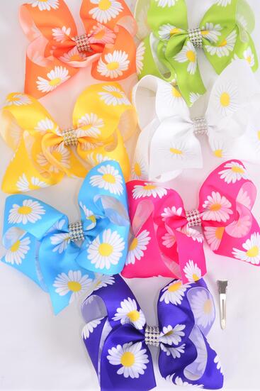 Hair Bow Jumbo Flower Daisy Grosgrain Bow-tie Multi / 12 pcs Bow = Dozen Alligator Clip , Size - 6" x 5" Wide , 2 Fuchsia , 2 Blue , 2 Yellow , 2 Purple , 2 White , 1 Lime , 1 Orange Color Asst ,Clip Strip and UPC Code