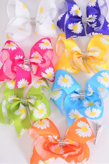 Hair Bow Jumbo Flower Daisy Grosgrain Bow-tie Multi / 12 pcs Bow = Dozen Alligator Clip , Size - 6" x 5" Wide , 2 Fuchsia , 2 Blue , 2 Yellow , 2 Purple , 2 White , 1 Lime , 1 Orange Color Asst ,Clip Strip and UPC Code