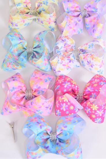 Hair Bow Jumbo Flowers Pastel Grosgrain Bow-tie / 12 pcs Bow = Dozen Alligator Clip , Size - 6" x 5" Wide , 2 White , 2 Pink , 2 Hot Pink , 2 Lavender , 2 Yellow , 1 Blue , 1 Mint Green Color Mix , Clip Strip & UPC Code