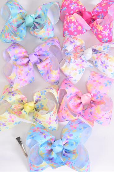 Hair Bow Jumbo Flowers Grosgrain Bow-tie Pastel / 12 pcs Bow = Dozen Alligator Clip , Size - 6" x 5" Wide , 2 White , 2 Pink , 2 Hot Pink , 2 Lavender , 2 Yellow , 1 Blue , 1 Mint Green Color Mix , Clip Strip & UPC Code