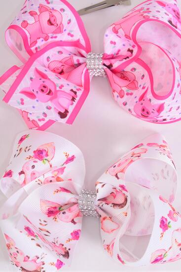 Hair Bow Jumbo Piggy Cute Farm Animal Grosgrain Bow-tie / 12 pcs Bow = Dozen Happy Piggy , Alligator Clip , Bow - 6" x 5" Wide , 6 of each Pattern Asst , Clip Strip & UPC Code
