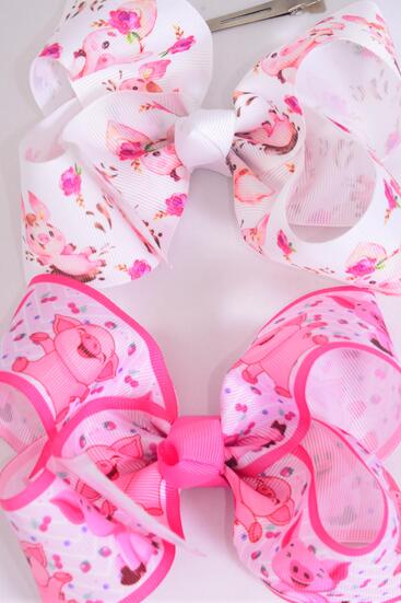 Hair Bow Jumbo Cute Piggy Farm Animal Grosgrain Bow-tie / 12 pcs Bow = Dozen Happy Piggy , Alligator Clip , Bow - 6" x 5" Wide , 6 of each Pattern Asst , Clip Strip & UPC Code