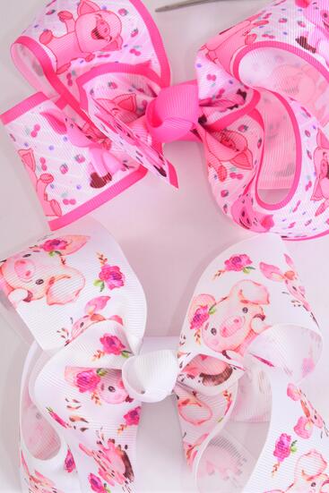 Happy Piggy , Alligator Clip , Bow - 6" x 5" Wide , 6 of each Pattern Asst , Clip Strip & UPC Code