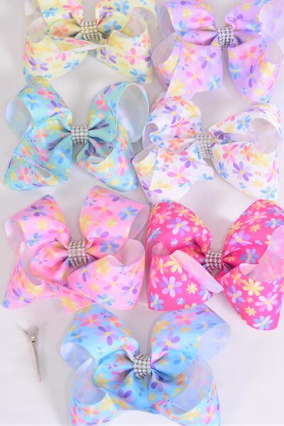 Hair Bow Jumbo Flowers Pastel Grosgrain Bow-tie / 12 pcs Bow = Dozen Alligator Clip , Size - 6" x 5" Wide , 2 White , 2 Pink , 2 Hot Pink , 2 Lavender , 2 Yellow , 1 Blue , 1 Mint Green Color Mix , Clip Strip & UPC Code
