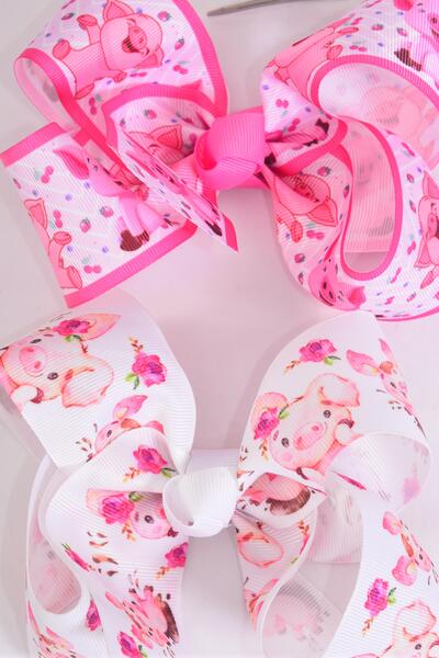 Happy Piggy , Alligator Clip , Bow - 6" x 5" Wide , 6 of each Pattern Asst , Clip Strip & UPC Code