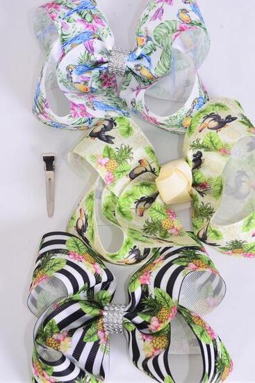 Hair Bow Jumbo Tropical Birds Toucan Parrot Plant Etc Mix Grosgrain Bow-tie / 12 pcs Bow = Dozen Alligator Clip , Size - 6" x 5" Wide , 4 of each Pattern Asst , Clip Strip and UPC Code