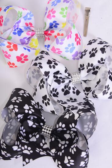 Hair Bow Jumbo Paw Print Grosgrain Bow-tie / 12 pcs Bow = Dozen Paw Print , lligator Clip , Bow - 6" x 5" Wide , 4 of each Pattern Asst , Clip Strip & UPC Code