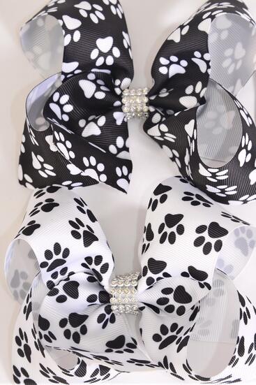 Hair Bow Jumbo Paw Print Black White Color Mix Grosgrain Bow-tie / 12 pcs Bow = Dozen Paw Print , lligator Clip , Bow - 6" x 5" Wide , 6 Black , 6 White Color Asst , Clip Strip & UPC Code