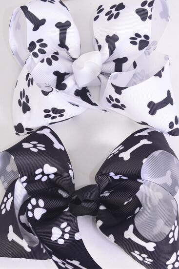 Hair Bow Jumbo Paw Dog Bone Print Grosgrain Bow-tie / 12 pcs Bow = Dozen Alligator Clip , Bow - 6" x 5" Wide , 6 of each Pattern Asst , Clip Strip & UPC Code