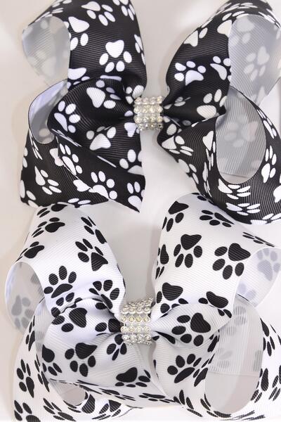 Hair Bow Jumbo Paw Print Black White Color Mix Grosgrain Bow-tie / 12 pcs Bow = Dozen Paw Print , lligator Clip , Bow - 6" x 5" Wide , 6 Black , 6 White Color Asst , Clip Strip & UPC Code