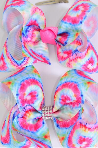 Hair Bow Jumbo Tiedye Grosgrain Bow-tie / 12 pcs Bow = Dozen   Alligator Clip , Size - 6" x 5" Wide , Clip Strip & UPC Code
