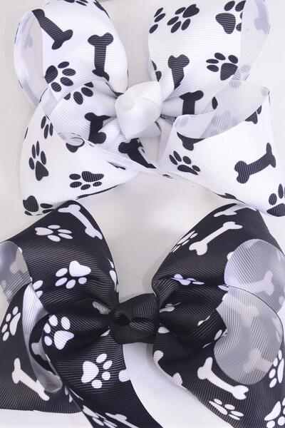 Hair Bow Jumbo Paw Dog Bone Print Grosgrain Bow-tie / 12 pcs Bow = Dozen Alligator Clip , Bow - 6" x 5" Wide , 6 of each Pattern Asst , Clip Strip & UPC Code