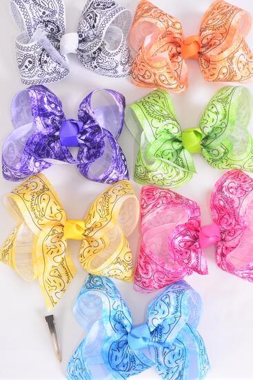 Hair Bow Jumbo Bandana Paisley Multi Gradient Tiedye Grosgrain Bow-tie / 12 pcs Bow = Dozen Alligator Clip , Size - 6" x 5" Wide , 2 Fuchsia , 2 Blue , 2 Yellow , 2 Purple , 2 White , 1 Lime , 1 Orange Color Mix , Clip Strip & UPC Code