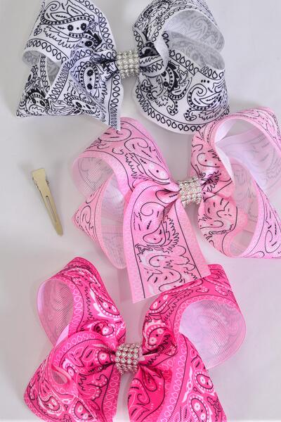 Hair Bow Jumbo Bandana Paisley Pink Mix Grosgrain Bow-tie / 12 pcs Bow = Dozen Alligator Clip , Size - 6" x 5" Wide , 4 Hot , 4 Pink , 4 White Color Asst , Clip Strip and UPC Code
