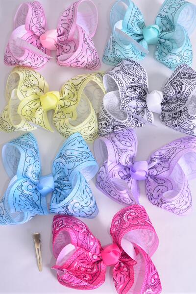 Hair Bow Jumbo Bandana Paisley Pastel Grosgrain Bow-tie / 12 pcs bow = Dozen Alligator Clip , Size - 6" x 5" Wide , 2 White , 2 Pink , 2 Lavender , 2 Hot Pink , 2 Mint ,1 Blue ,1 Yellow Color Asst , Clip Strip & UPC Code