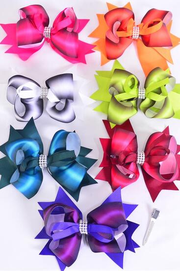 Hair Bow Jumbo Double Layered Gradient Grosgrain Bow-tie Tie dye Dark Multi / 12 pcs Bow = Dozen Alligator Clip , Size - 6" x 5" Wide , 2 Fuchsia , 2 White , 2 Spruce , 2 Purple , 2 Wine , 1 Green ,1 Autumn Orange Asst , Clip Strip & UPC Code