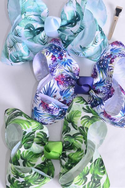 Hair Bow Jumbo Tropical Leaves Grosgrain Bow-tie / 12 pcs Bow = Dozen Alligator Clip , Size - 6" x 5" Wide , 4 Of Each Pattern Asst , Clip Strip and UPC Code