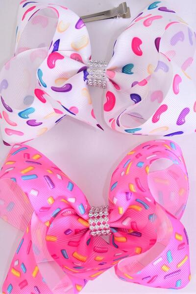 Hair Bow Jumbo Sprinkles Jelly Bean Mix Grosgrain Bow-tie / 12 pcs Bow = Dozen  Alligator Clip , Size - 6" x 5" Wide , 6 of each Pattern Asst , Clip Strip & UPC Code