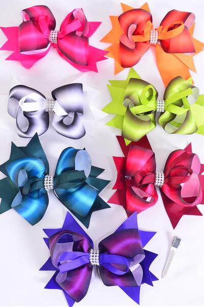 Hair Bow Jumbo Double Layered Gradient Grosgrain Bow-tie Tie dye Dark Multi / 12 pcs Bow = Dozen Alligator Clip , Size - 6" x 5" Wide , 2 Fuchsia , 2 White , 2 Spruce , 2 Purple , 2 Wine , 1 Green ,1 Autumn Orange Asst , Clip Strip & UPC Code