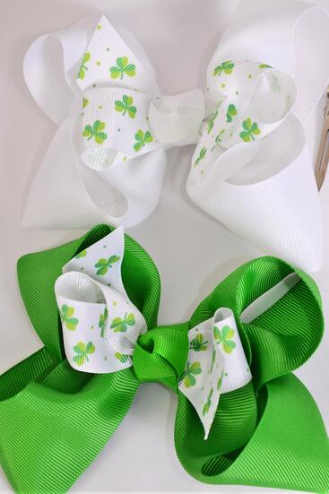 Hair Bow Jumbo Double Layered  Shamrock Grosgrain Bow-tie / 12 pcs Bow = Dozen Alligator Clip , Size - 6" x 5" Wide , 6 of each Pattern Asst , Clip Strip & UPC Code
