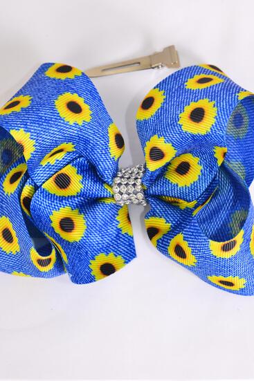 Hair Bow Jumbo Denim Print Sunflower Grosgrain Bow-tie /  12 pcs Bow = Dozen Alligator Clip , Size - 6" x 5" Wide , Clip Strip and UPC Code