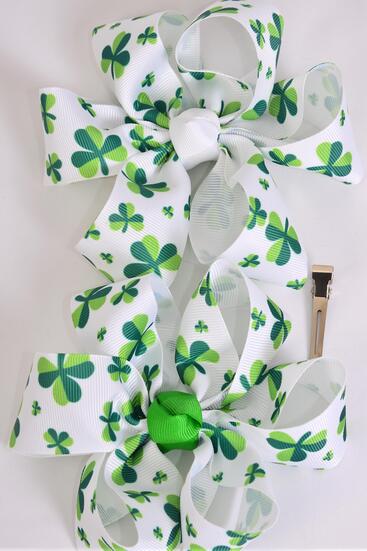 Hair Bow Jumbo Bow 2 Tone Shamrock Grosgrain Bow-tie / 12 pcs Bow = Dozen Alligator Clip , Size - 6" x 6" Wide , 6 of each Color Asst , Clip Strip & UPC Code