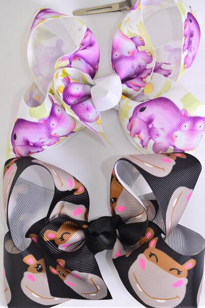 Hair Bow Jumbo Hippo Grosgrain Bow-tie / 12 pcs Bow = Dozen Hippo , Alligator Clip , Bow - 6" x 5" Wide , 6 of each Pattern Asst , Clip Strip & UPC Code