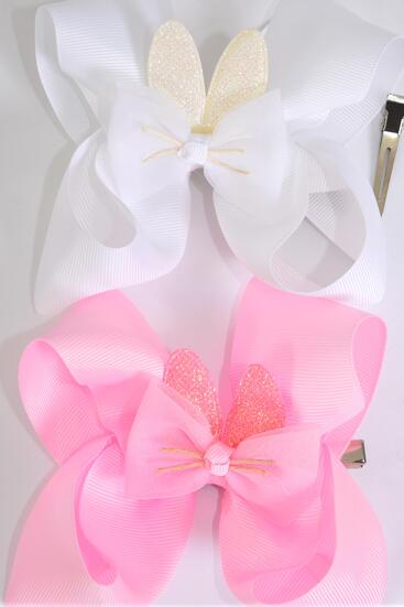 Hair Bow Jumbo Double Layered Bunny Ears Grosgrain Bow-tie / 12 pcs Bow = Dozen Alligator Clip , Size - 6" x 5", 6 White , 6 Pink Color Asst , Clip Strip and UPC Code