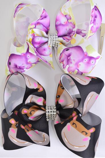 Hair Bow Jumbo Cute Hippo Grosgrain Bow-tie / 12 pcs Bow = Dozen Hippo , Alligator Clip , Bow - 6" x 5" Wide , 6 of each Pattern Asst , Clip Strip & UPC Code
