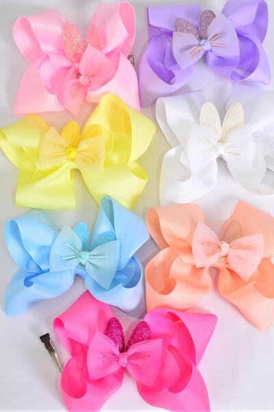 Hair Bow Jumbo Double Layered Bunny Ears Grosgrain Bow-tie Pastel / 12 pcs Bow = Dozen Alligator Clip , Size - 6" x 5", 2 White , 2 Baby Pink , 2 Lavender , 2 Blue , 2 Yellow , 1 Peach, 1 Hot Pink Color Asst , Clip Strip and UPC Code