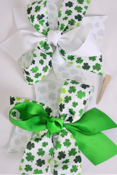 Hair Bow Jumbo 2 Tone Shamrock Grosgrain Bow-tie / 12 pcs Bow = Dozen  Alligator Clip , Size - 6" x 5" Wide , 6 of each Pattern Asst , Clip Strip and UPC Code