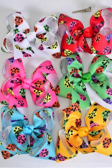 Hair Bow Jumbo Ladybug Grosgrain Bow-tie Multi / 12 pcs bow = Dozen Alligator Clip , Size - 6" x 5" Wide , 2 Of each Pattern Asst , Clip Strip & UPC Code
