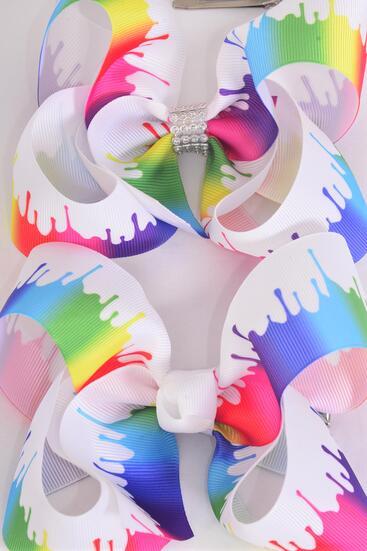 Hair Bow Jumbo Rainbow Drip Spatter Vs Paint Splatter Grosgrain Bow-tie / 12 pcs Bow = Dozen  Alligator Clip , Size - 6" x 5" Wide , 6 Of Each Pattern Asst , Clip Strip & UPC Code