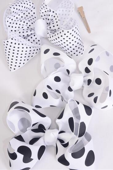 Hair Bow Jumbo Polka dot Mix White Grosgrain Bow-tie / 12 pcs Bow = Dozen White Mix , Alligator Clip , Size - 6" x 5" Wide , 4 of each Pattern Asst , Clip Strip & UPC Code