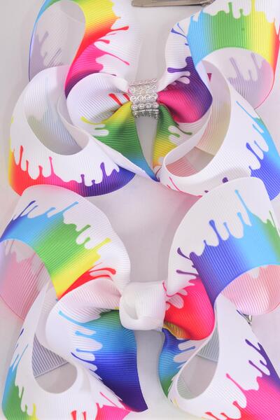 Hair Bow Jumbo Rainbow Drip Spatter Vs Paint Splatter Grosgrain Bow-tie / 12 pcs Bow = Dozen  Alligator Clip , Size - 6" x 5" Wide , 6 Of Each Pattern Asst , Clip Strip & UPC Code