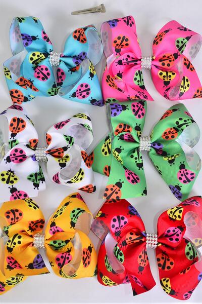 Hair Bow Jumbo Ladybug Grosgrain Bow-tie Multi / 12 pcs bow = Dozen Alligator Clip , Size - 6" x 5" Wide , 2 Of each Pattern Asst , Clip Strip & UPC Code