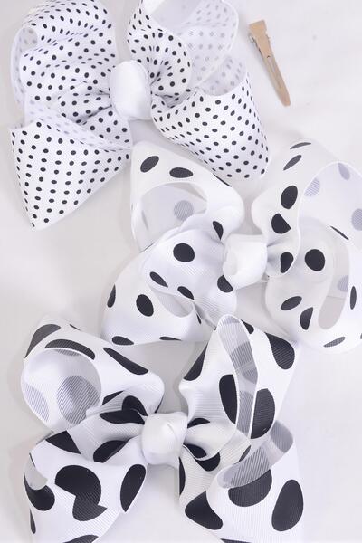 Hair Bow Jumbo Polka dot Mix White Grosgrain Bow-tie / 12 pcs Bow = Dozen White Mix , Alligator Clip , Size - 6" x 5" Wide , 4 of each Pattern Asst , Clip Strip & UPC Code