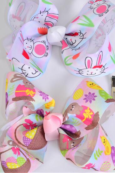 Hair Bow Jumbo Easter Bunny Chick Mix Grosgrain Bow-tie / 12 pcs Bow = Dozen  Alligator Clip , Size - 6" x 5" Wide , 6 Of each Pattern Asst , Clip Strip and UPC Code