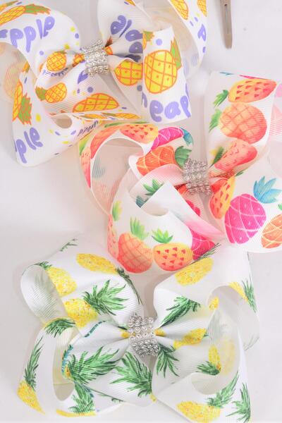 Hair Bow Jumbo Pineapple Mix Grosgrain Bow-tie / 12 pcs Bow = Dozen Alligator Clip , Size - 6" x 5" Wide , 4 of each Pattern Asst , Clip Strip and UPC Code