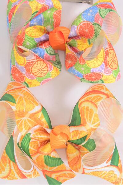 Hair Bow Jumbo Fruit Orange Citrus Mix Grosgrain Bow-tie / 12 pcs Bow = Dozen Alligator Clip , Size - 6" x 5" Wide , 6 of each Pattern , Clip Strip & UPC Code