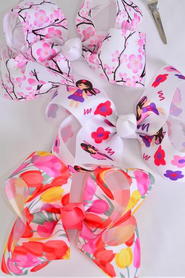 Hair Bow Jumbo Tulip Flower Cherry Blossoms Fairy Mix Grosgrain Bow-tie / 12 pcs Bow = Dozen Alligator Clip , Size - 6" x 5" Wide , 4 of each Pattern , Clip Strip & UPC Code