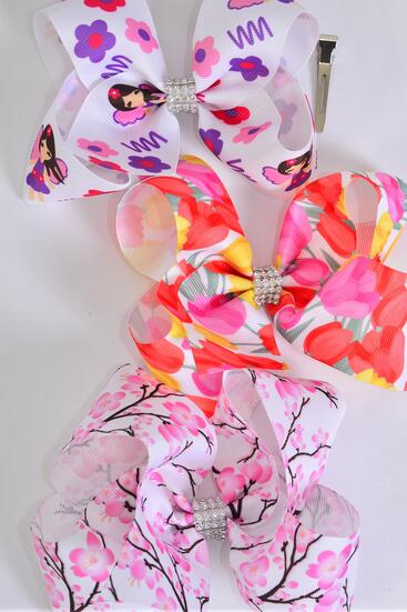 Hair Bow Jumbo Flower Tulip Cherry Blossoms Fairy Mix Grosgrain Bow-tie / 12 pcs Bow = Dozen Alligator Clip , Size - 6" x 5" Wide , 4 of each Pattern , Clip Strip & UPC Code