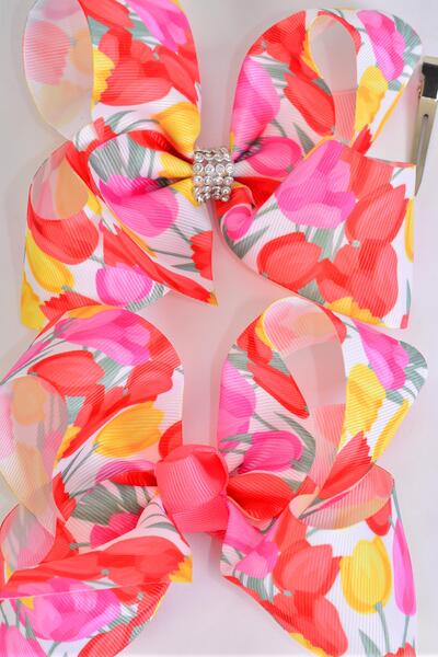 Hair Bow Jumbo Flower Tulip Grosgrain Bow-tie / 12 pcs Bow = Dozen Alligator Clip , Size - 6" x 5" Wide , Clip Strip & UPC Code