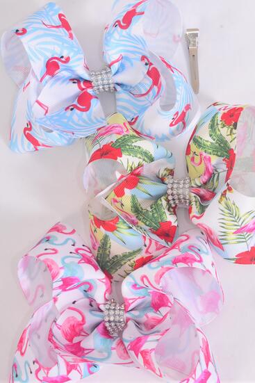 Hair Bow Jumbo Flamingo Grosgrain Bow-tie / 12 pcs Bow = Dozen Alligator Clip , Size - 6" x 5" Wide , 4 of each Pattern Asst , Clip Strip & UPC Code