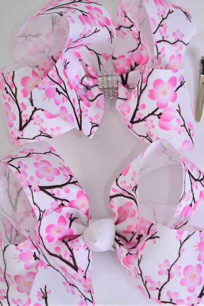 Hair Bow Jumbo Cherry Blossoms Grosgrain Bow-tie / 12 pcs Bow = Dozen Alligator Clip , Size - 6" x 5" Wide , Clip Strip & UPC Code