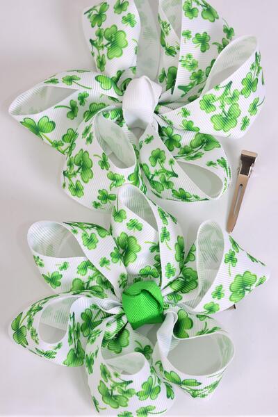 Hair Bow Jumbo Bow Shamrock Grosgrain Bow-tie / 12 pcs Bow = Dozen Alligator Clip , Size - 6" x 5" Wide , 6 of each Pattern Asst , Clip Strip & UPC Code