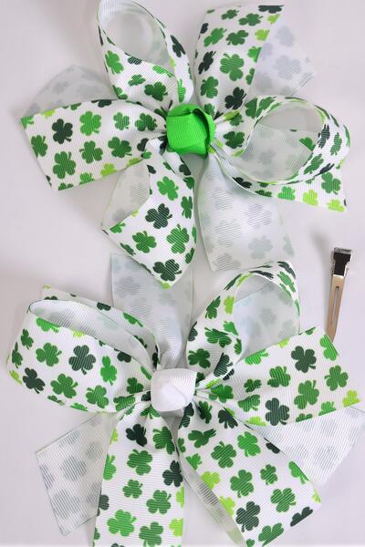 Hair Bow Jumbo Shamrock Grosgrain Bow-tie / 12 pcs Bow = Dozen Alligator Clip , Size - 6" x 5" Wide , 6 of each Pattern Asst , Clip Strip and UPC Code
