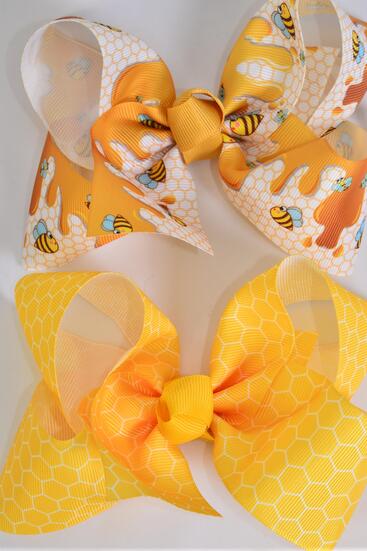 Hair Bow Jumbo Honey Bee Honeycomb Pattern Mix Grosgrain Bow-tie / 12 pcs Bow = Dozen Alligator Clip , Size - 6" x 5" Wide , 6 Of each Pattern Asst , Clip Strip & UPC Code